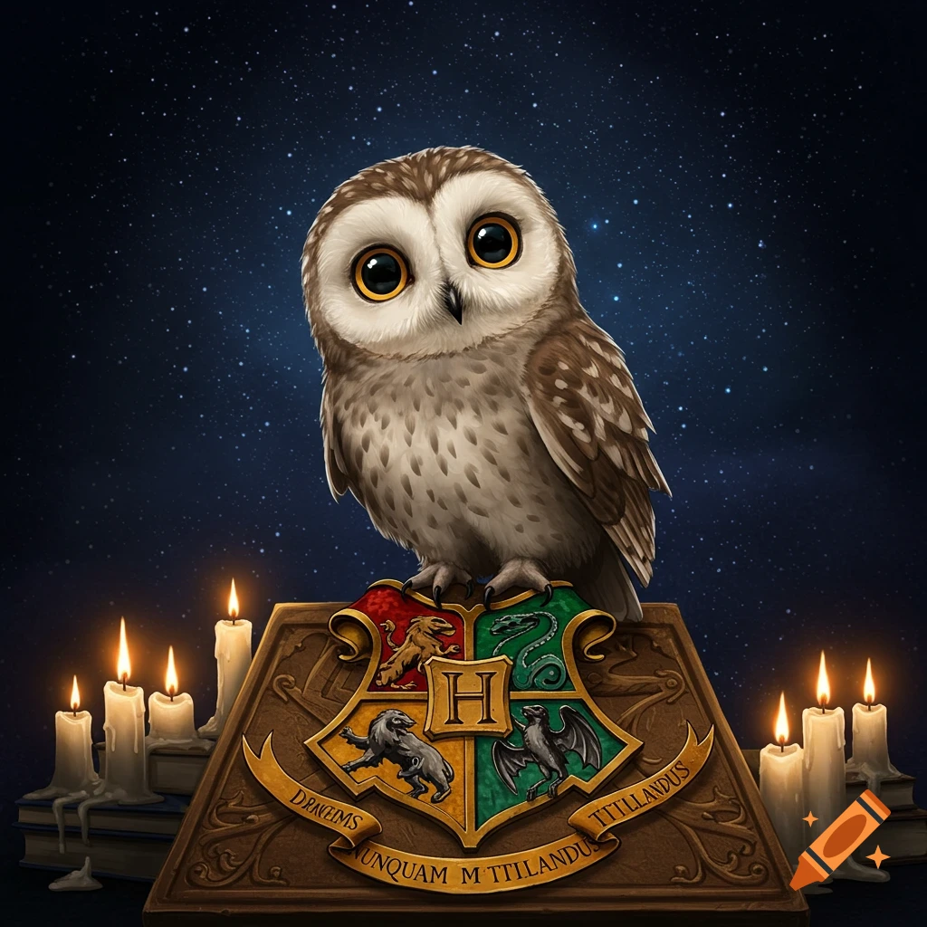 A cute, curious owl perches on a detailed Hogwarts crest with candles and a starry night sky in the background.