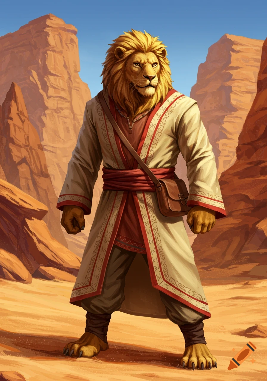 Anthro lion in desert robes stands in a desert canyon, highly detailed illustration.