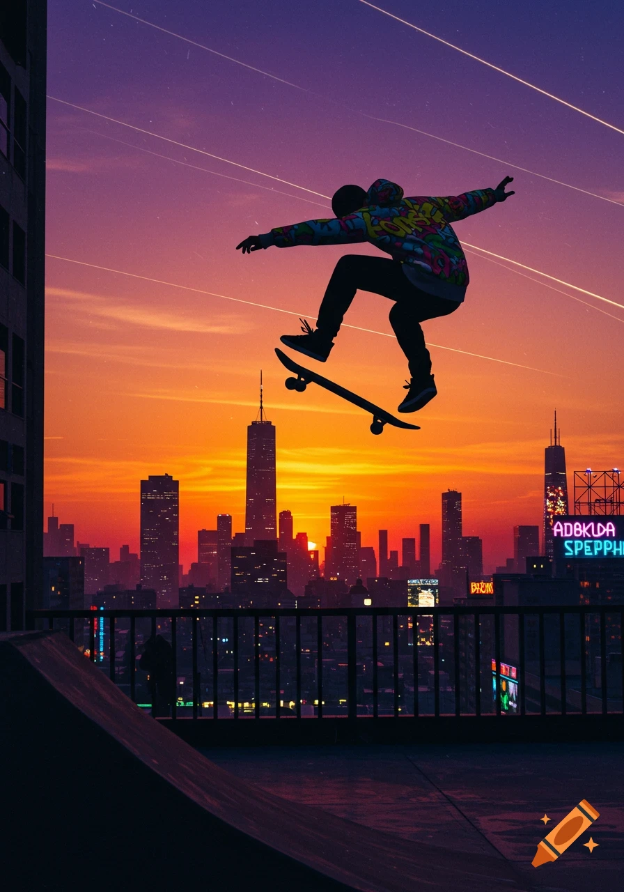 Silhouette of a skateboarder mid-air over a vibrant city skyline at sunset, featuring a purple and orange sky.