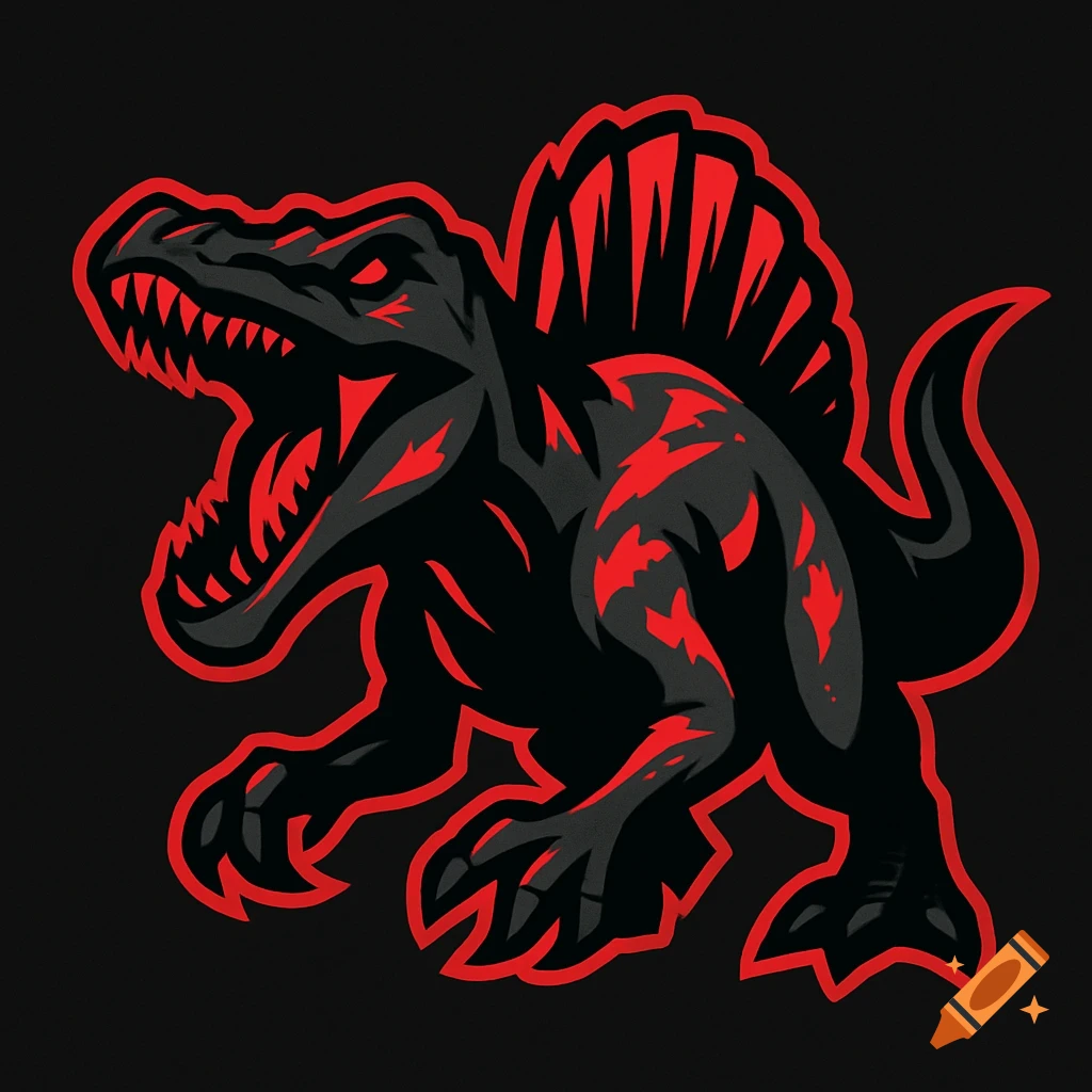 A stylized black and red spiky dinosaur with an open mouth and sharp teeth, designed as a menacing sports logo on a dark background.