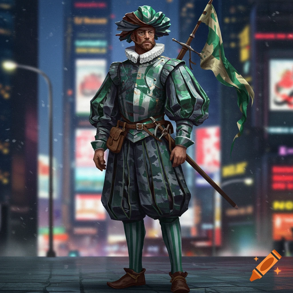A man in green and gray urban camouflage landsknecht attire stands in a city at night, holding a flag.