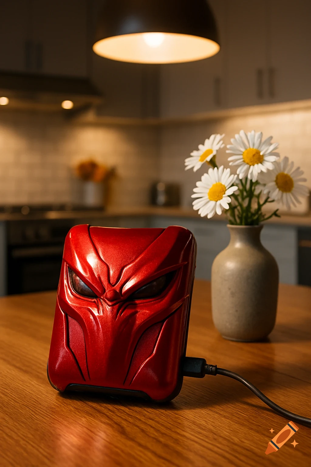 A photorealistic image of a red, metallic power bank designed like a Predator mask, charging on a wooden kitchen table next to a vase of daisies.