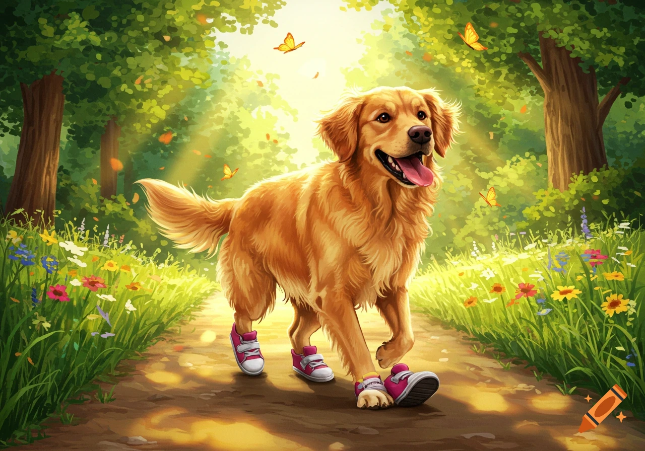 A happy Golden Retriever in pink shoes walks on a sunny forest path surrounded by wildflowers and butterflies. Lush, vibrant illustration.