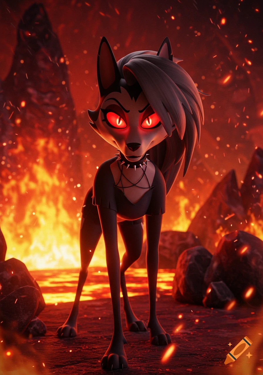 An anthropomorphic wolf character with glowing red eyes stands in a fiery, hellish landscape.