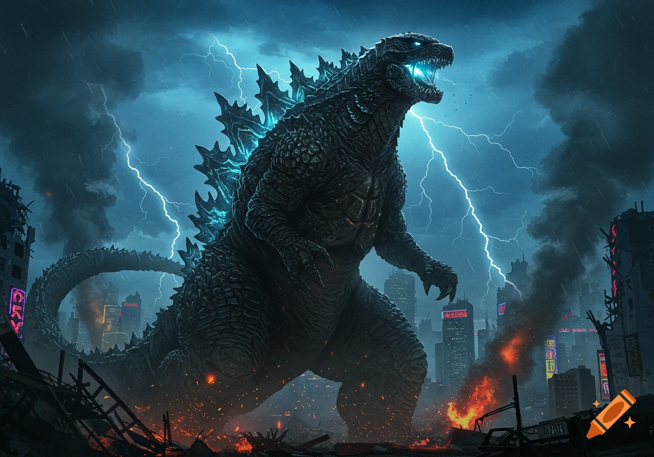 Photorealistic Godzilla roars with glowing eyes in a destroyed city under a stormy sky with bright lightning strikes.