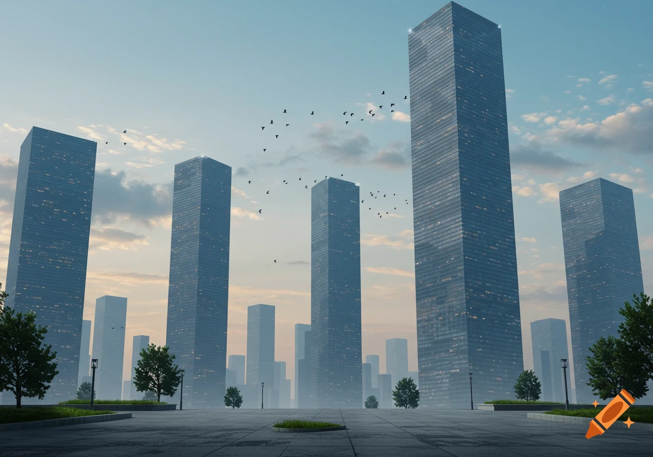 Photorealistic image of tall, modern skyscrapers under a pale sky with birds flying, surrounded by green trees and a paved plaza.