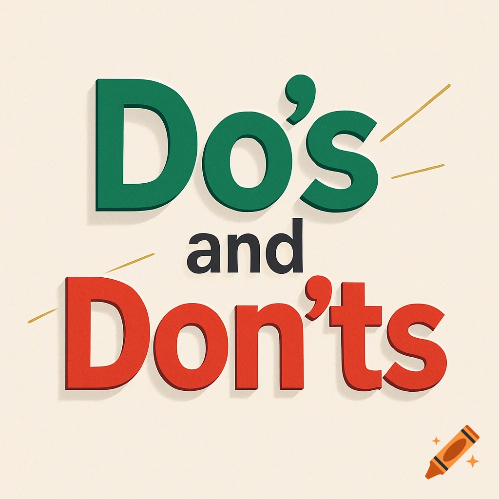A graphic design featuring the phrase "Do's and Don'ts." "Do's" is in large green letters, "and" in smaller black letters, and "Don'ts" in large red letters, all with a subtle shadow effect on a cream background.