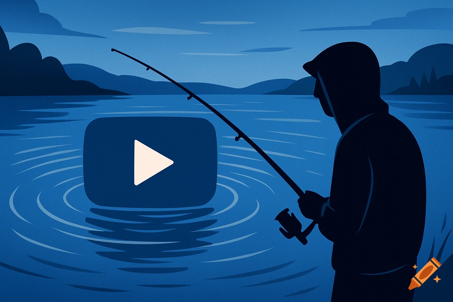 A stylized blue illustration shows a person in a black hoodie fishing in a lake at night, with a YouTube play button overlaid on the water.