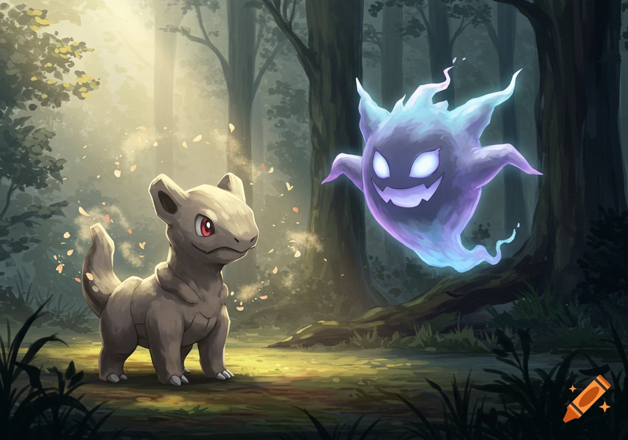A grey, dog-like Pokemon stands in a sunlit forest, looking at a floating purple ghost Pokemon.