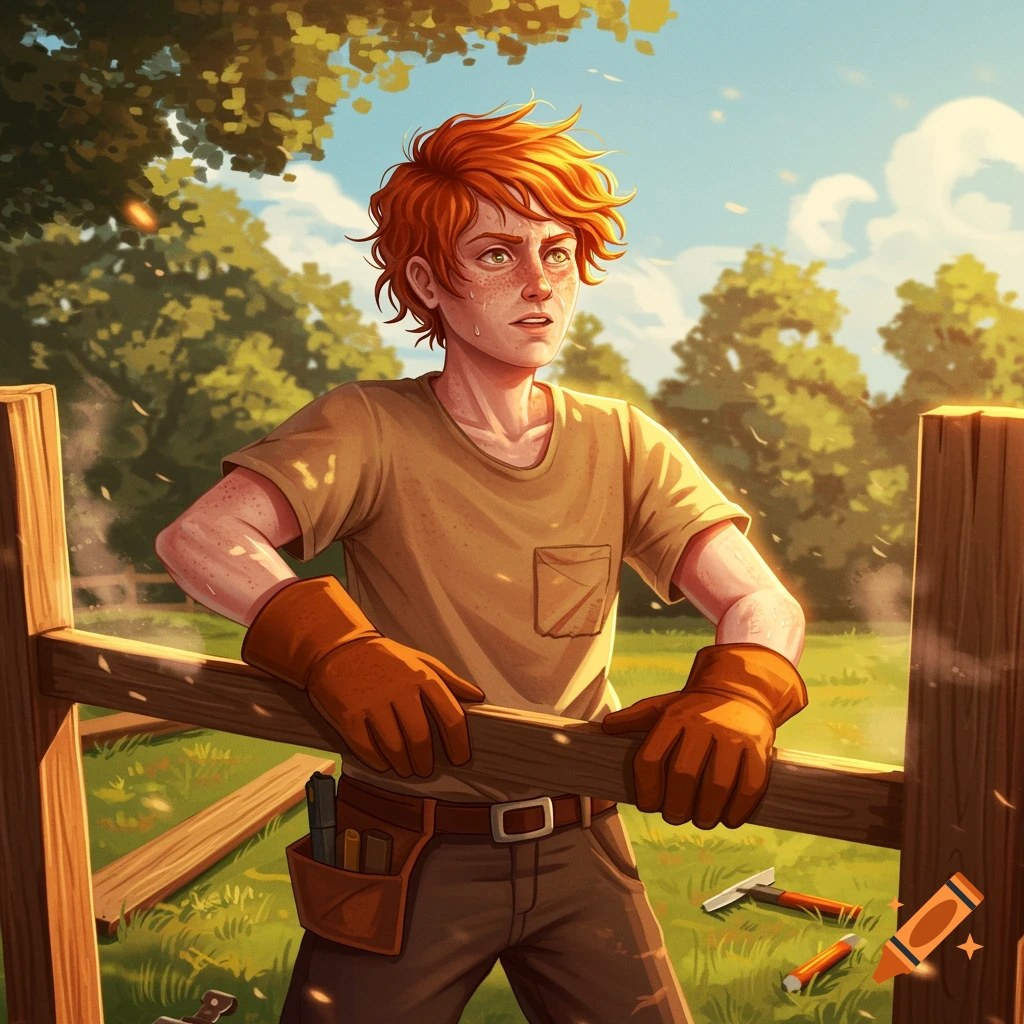 A red-haired person in work gloves leans on a wooden fence post, building a fence on a hot day. Illustration style.