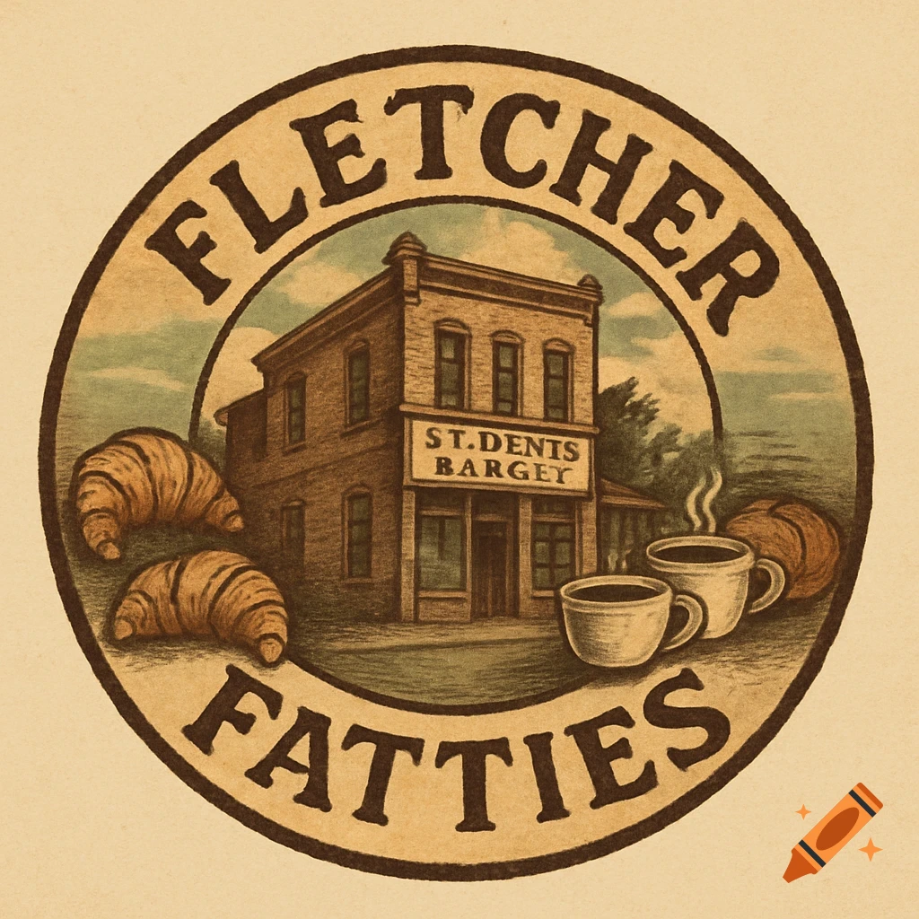 Vintage circular logo for Fletcher Fatties, featuring a building, croissants, and coffee cups.