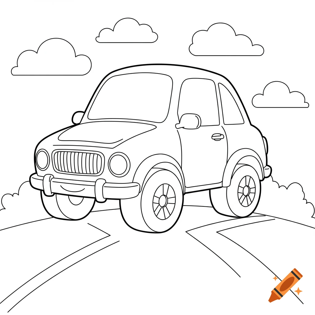Outline drawing of a friendly cartoon car on a road under clouds, ready for coloring.