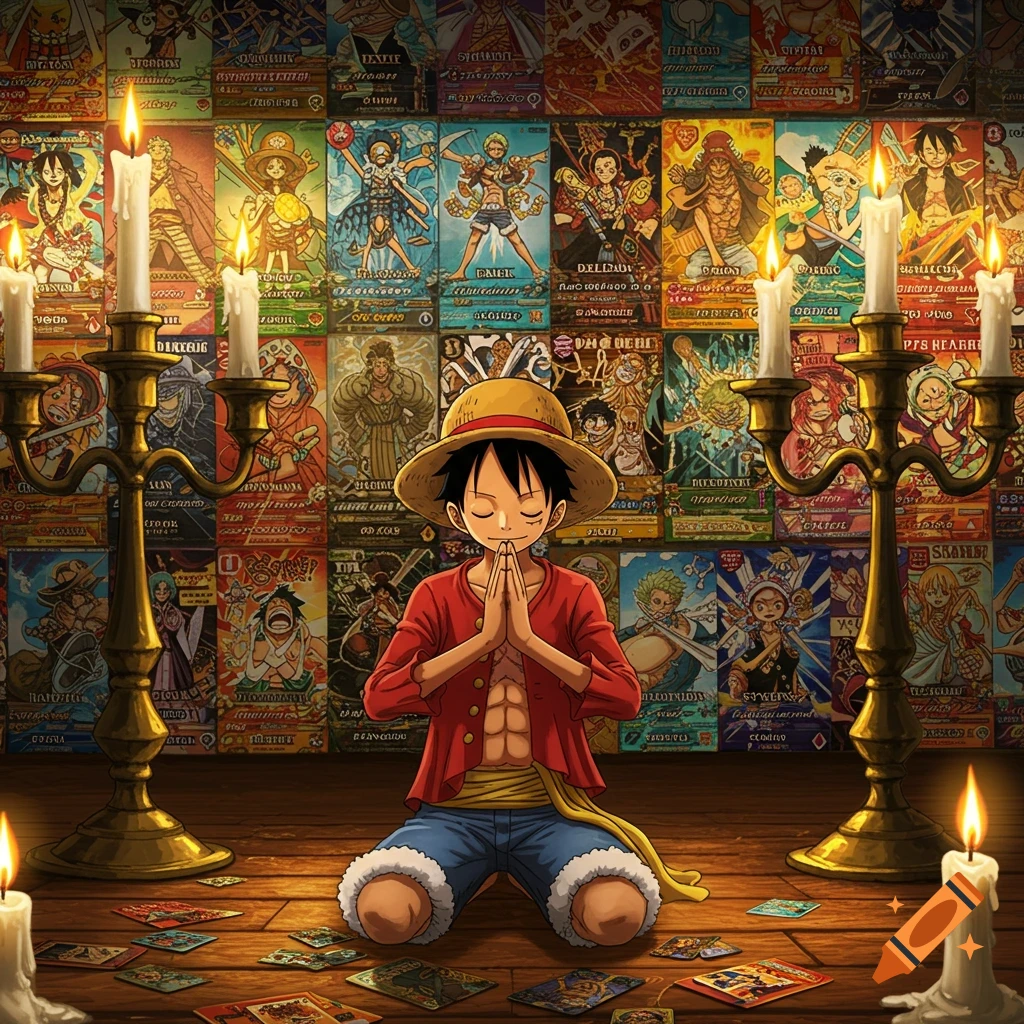 Luffy kneeling and praying on a wooden floor, surrounded by One Piece trading cards and two lit candelabras.
