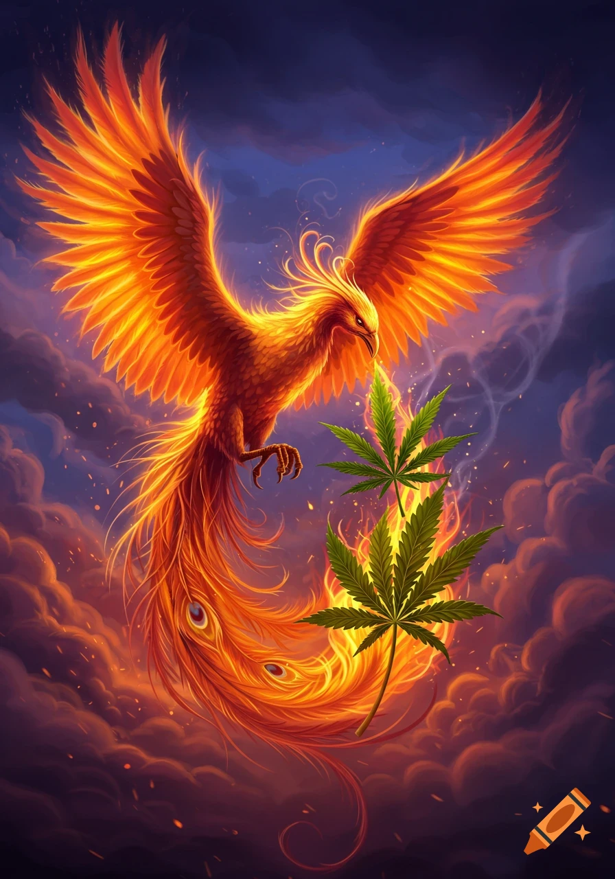 A vibrant, fiery phoenix with outstretched wings hovers over two burning cannabis leaves against a dark, smoky sky.
