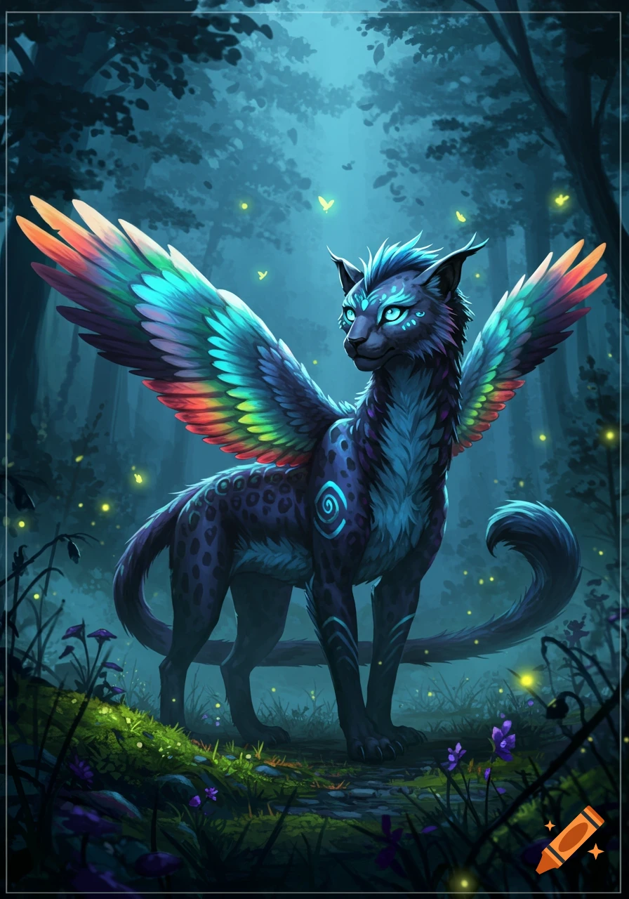 A vibrant, winged feline creature with glowing blue eyes and rainbow-colored wings stands in a mystical, dark forest with fireflies.