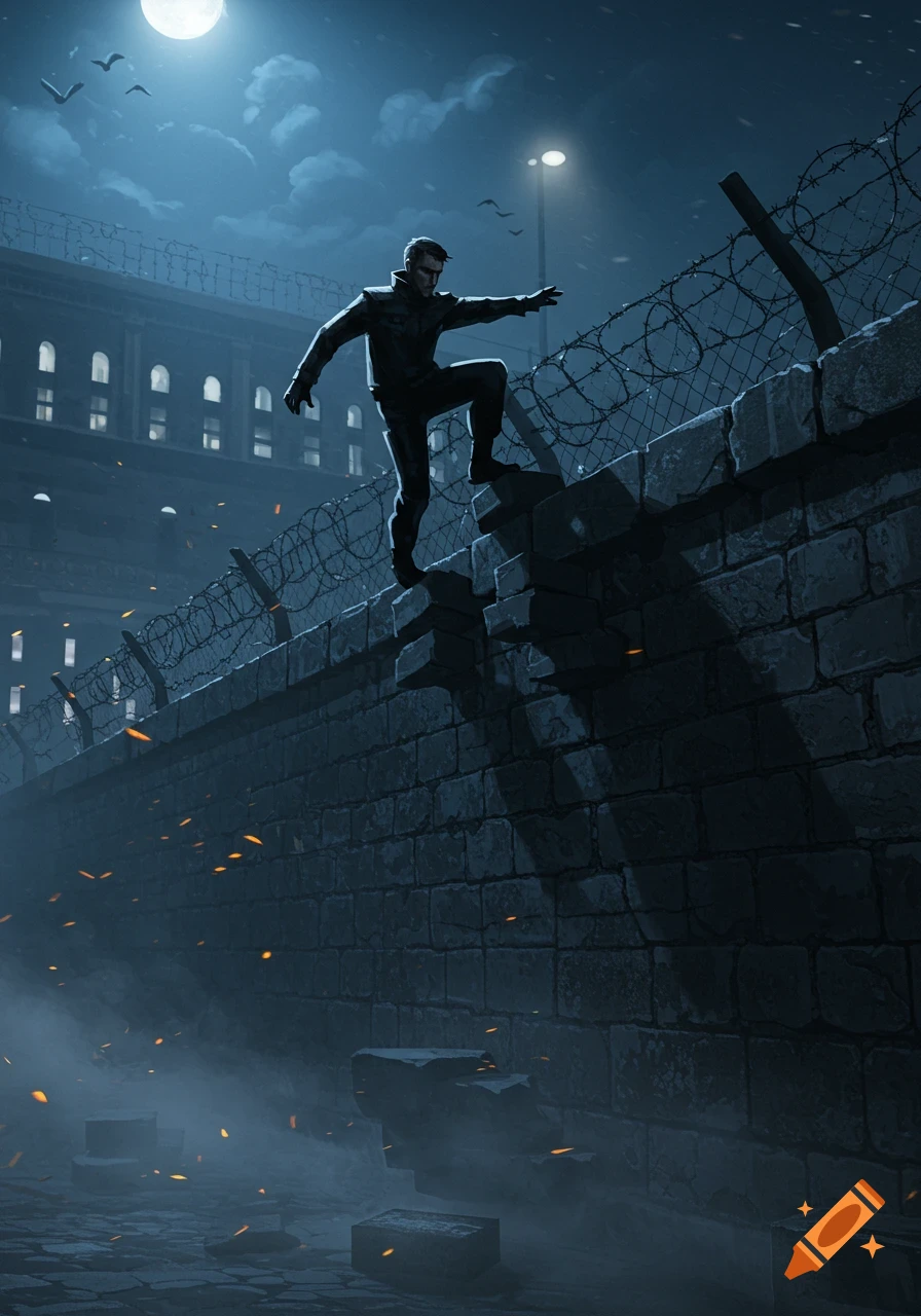 A man climbs over a high stone wall topped with barbed wire at night, with a full moon and urban buildings in the background. Digital art style.