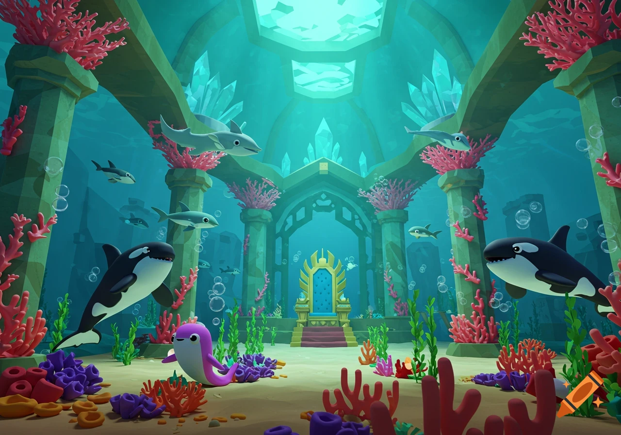 A cartoon underwater castle with a golden throne, surrounded by coral, seaweed, orcas, sharks, and a purple sea creature.