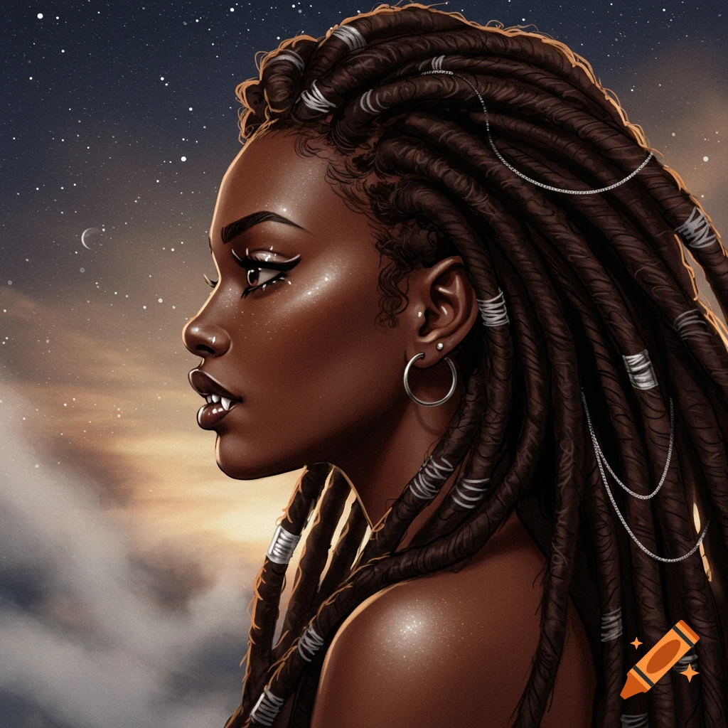 Profile portrait of a dark-skinned woman with dreadlocks and fangs against a starry twilight sky.
