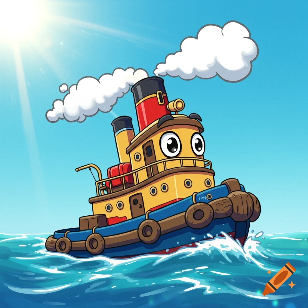 A cartoon tugboat with large eyes and a friendly face floats on blue ocean waves under a sunny sky.