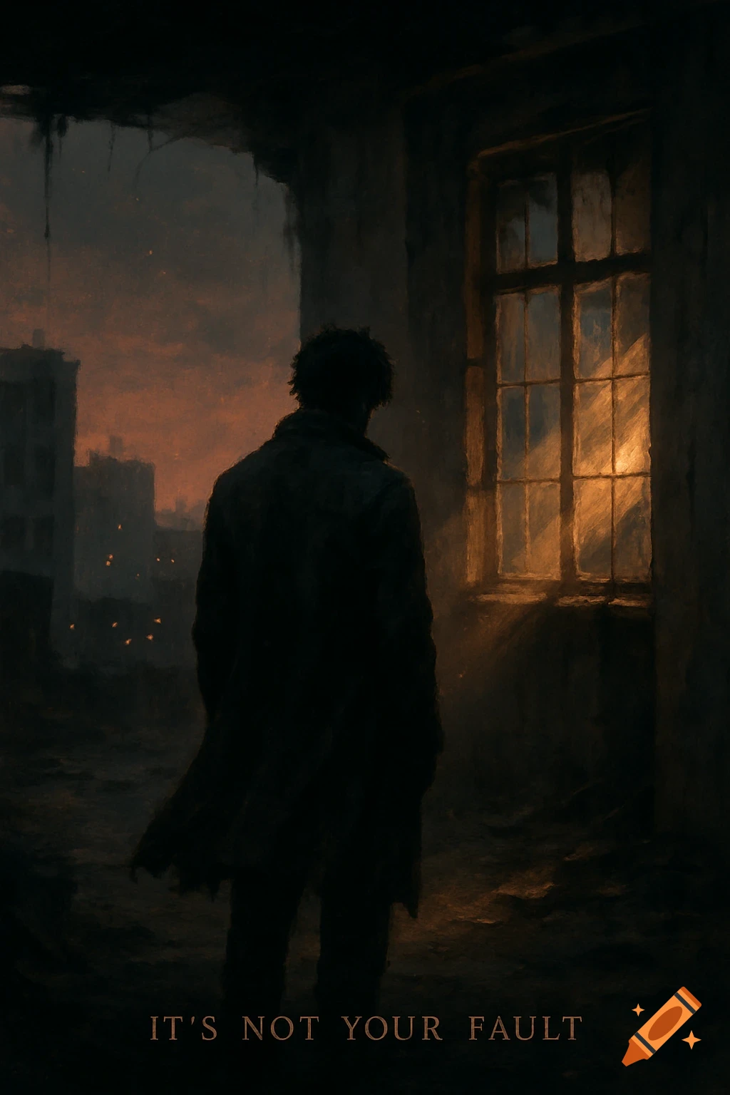 A lone figure in a dark, ruined building looks out a window at a desolate, orange sky. Text 'IT'S NOT YOUR FAULT'.