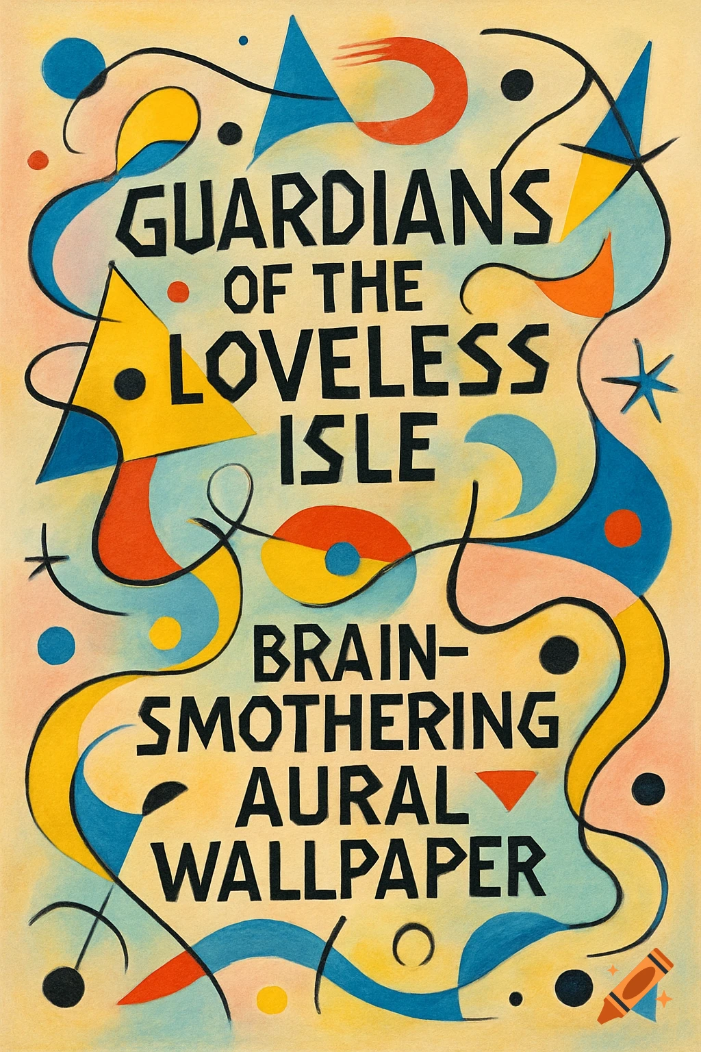 Colorful, whimsical abstract painting in the style of Joan Miró with black text and organic shapes.