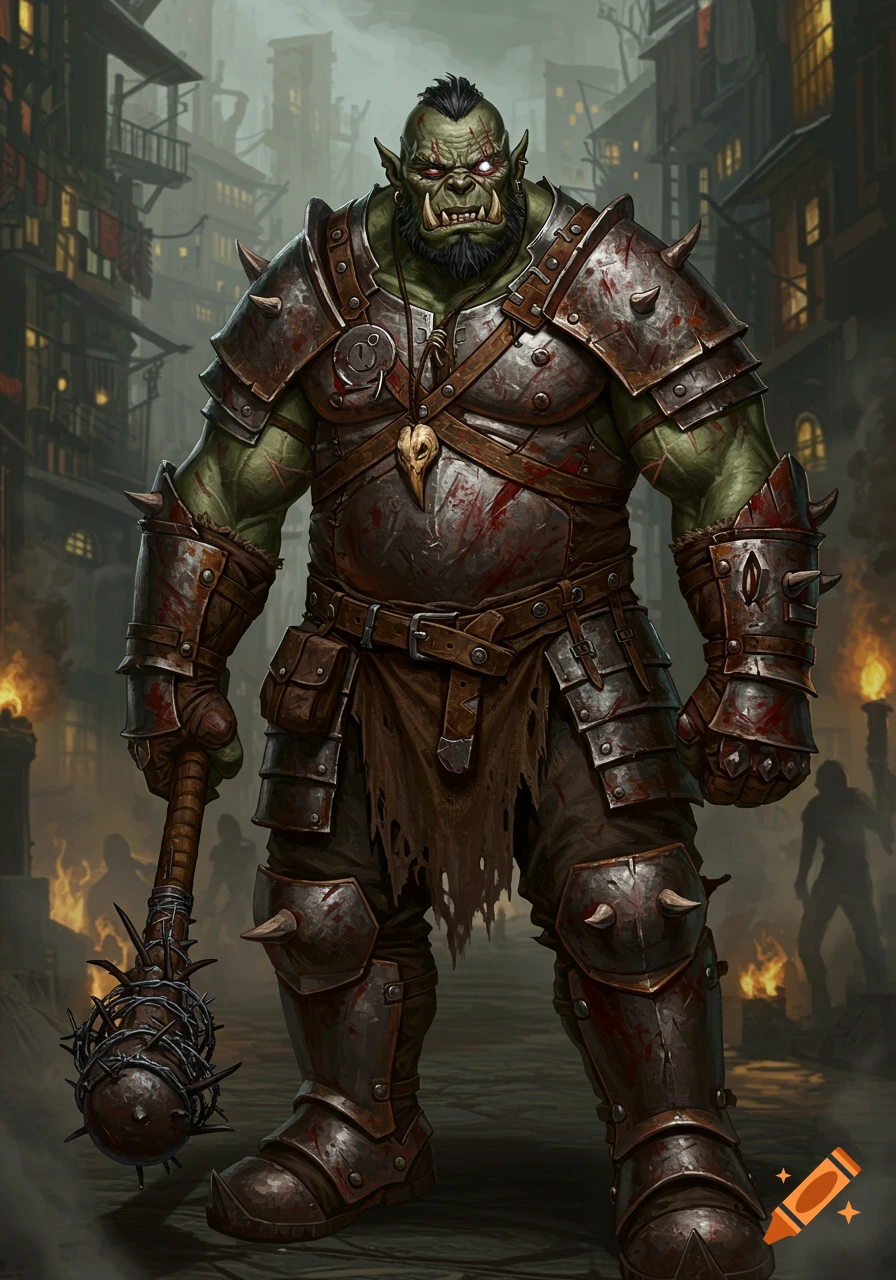 A powerfully built half-orc barbarian with green skin, scars, a broken tusk, and glowing red eyes, stands in blood-stained armor, holding a barbed-wire club, in a grim urban slum. Fantasy art style.