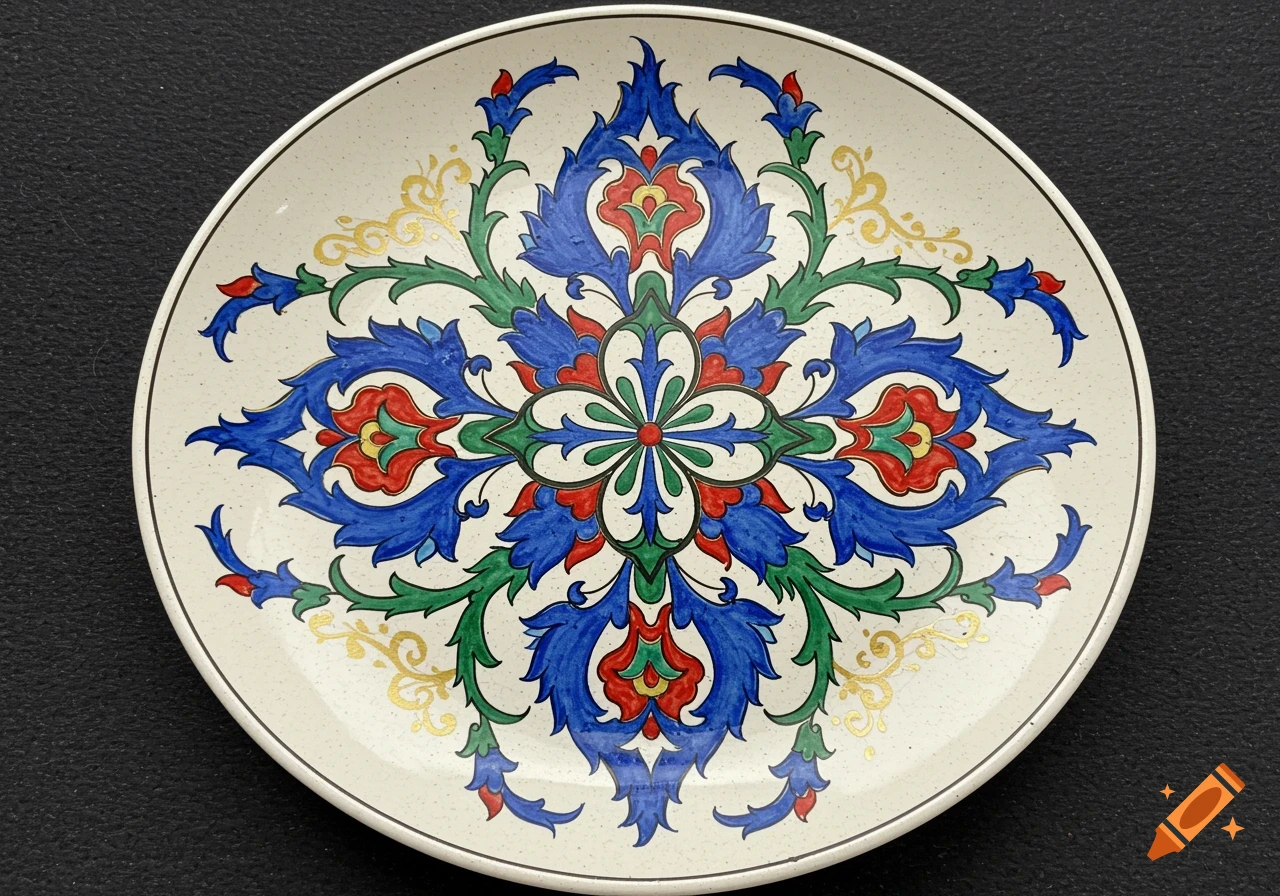 A round ceramic plate with intricate blue, red, green, and gold floral and leaf patterns on a cream background.