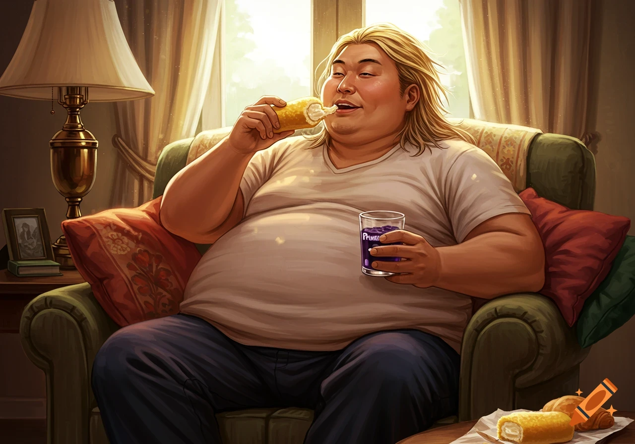 An obese Asian man with long blonde hair sits in an armchair, eating a pastry and drinking from a glass, in a cozy living room.