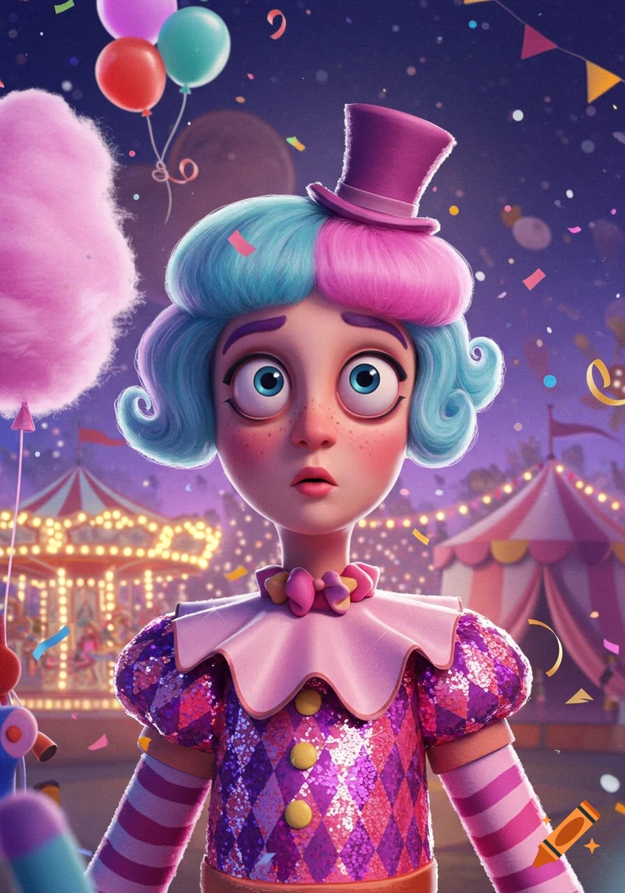 A stylized 3D rendered cartoon character with blue and pink hair, wearing a purple top hat and sequined jester outfit, at a vibrant carnival with balloons and confetti.