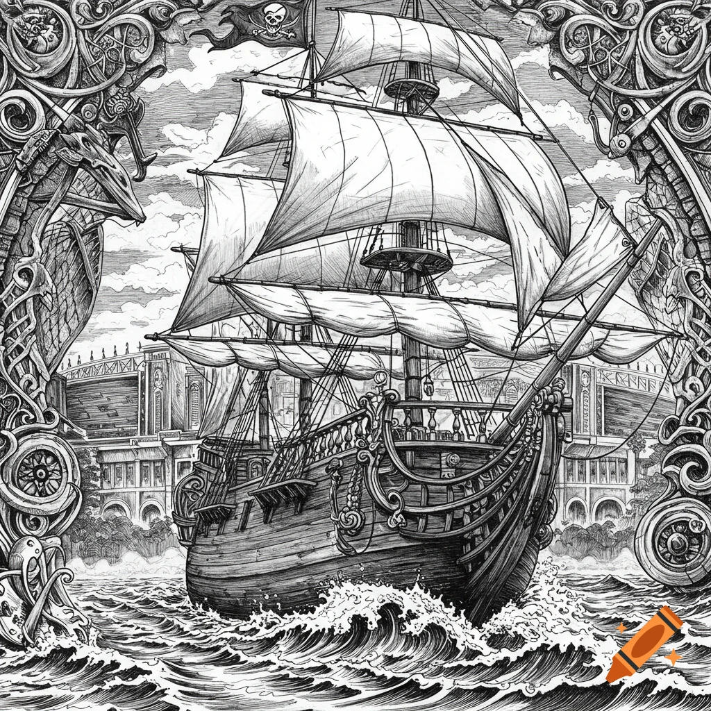 Black and white drawing of a pirate ship sailing on choppy waves, framed by ornate borders, with a stadium in the background.