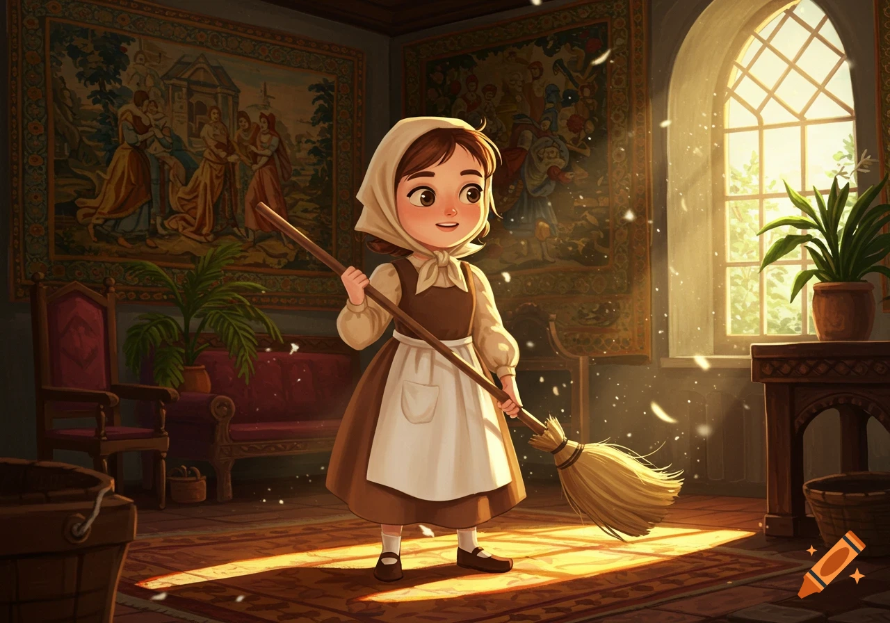 A smiling cartoon girl dressed as a renaissance servant holds a broom in a sunlit room with tapestries.