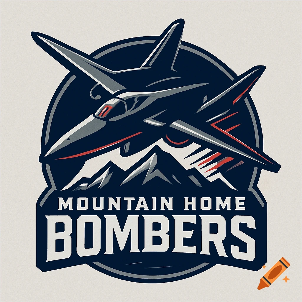 A dark blue and grey logo featuring two fighter jets flying above stylized mountains, with the words 'MOUNTAIN HOME BOMBERS' in bold white text below.