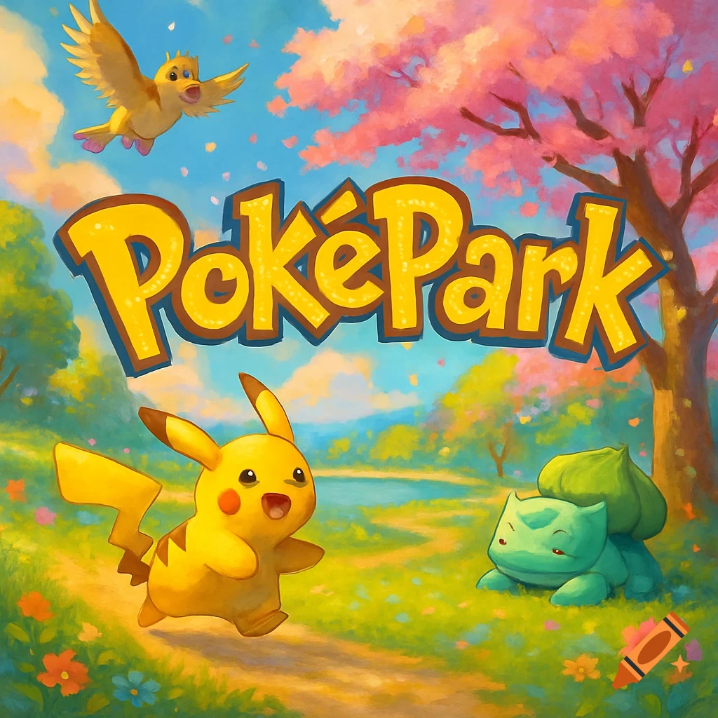 Pikachu, Bulbasaur, and a bird Pokemon in a vibrant, painterly park with a lake and cherry blossoms. Text reads 'PoKéPark'.