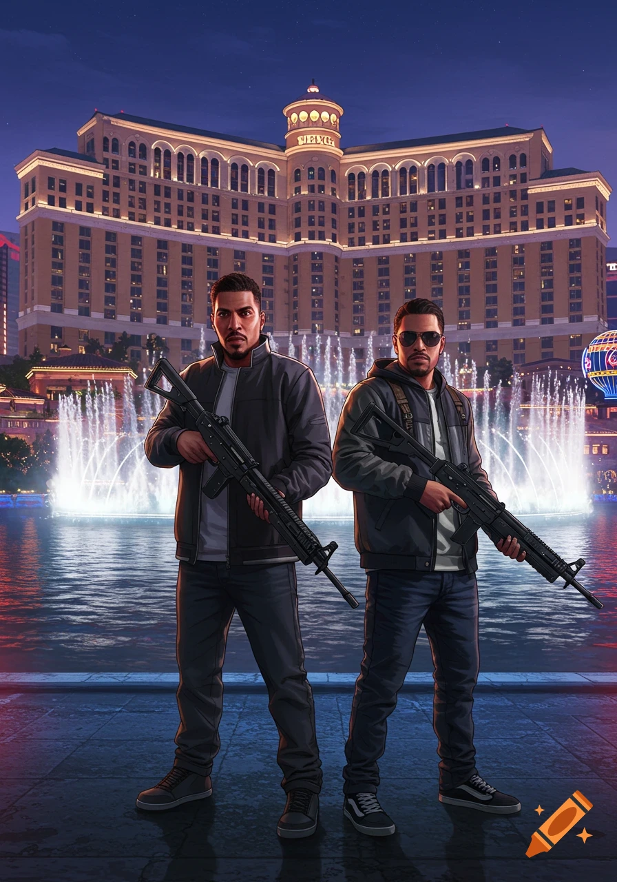 Two men holding machine guns in front of the illuminated Bellagio casino resort at night, in a video game loading screen style.