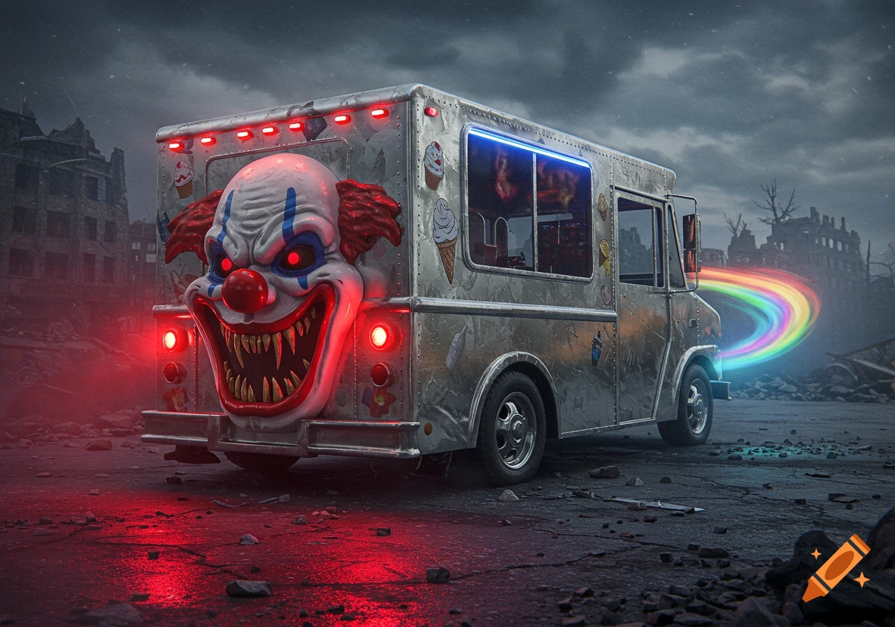 The back of a weathered ice cream truck features a monstrous clown face with glowing red eyes and sharp teeth, set in a desolate, dark landscape with a glowing rainbow trail.