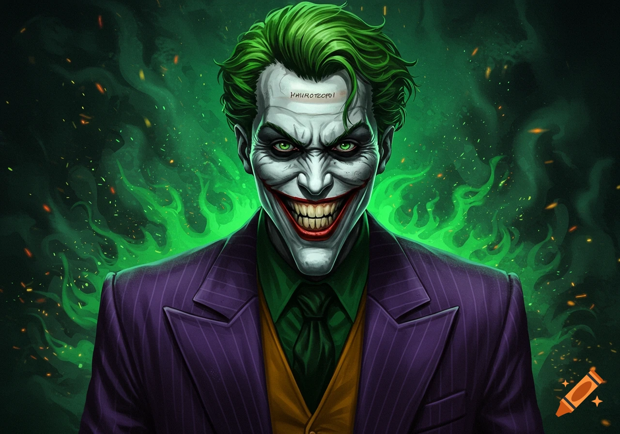 Stylized digital art portrait of the Joker with green hair, white face, red smile, and green eyes, wearing a purple suit against a green smoky background.