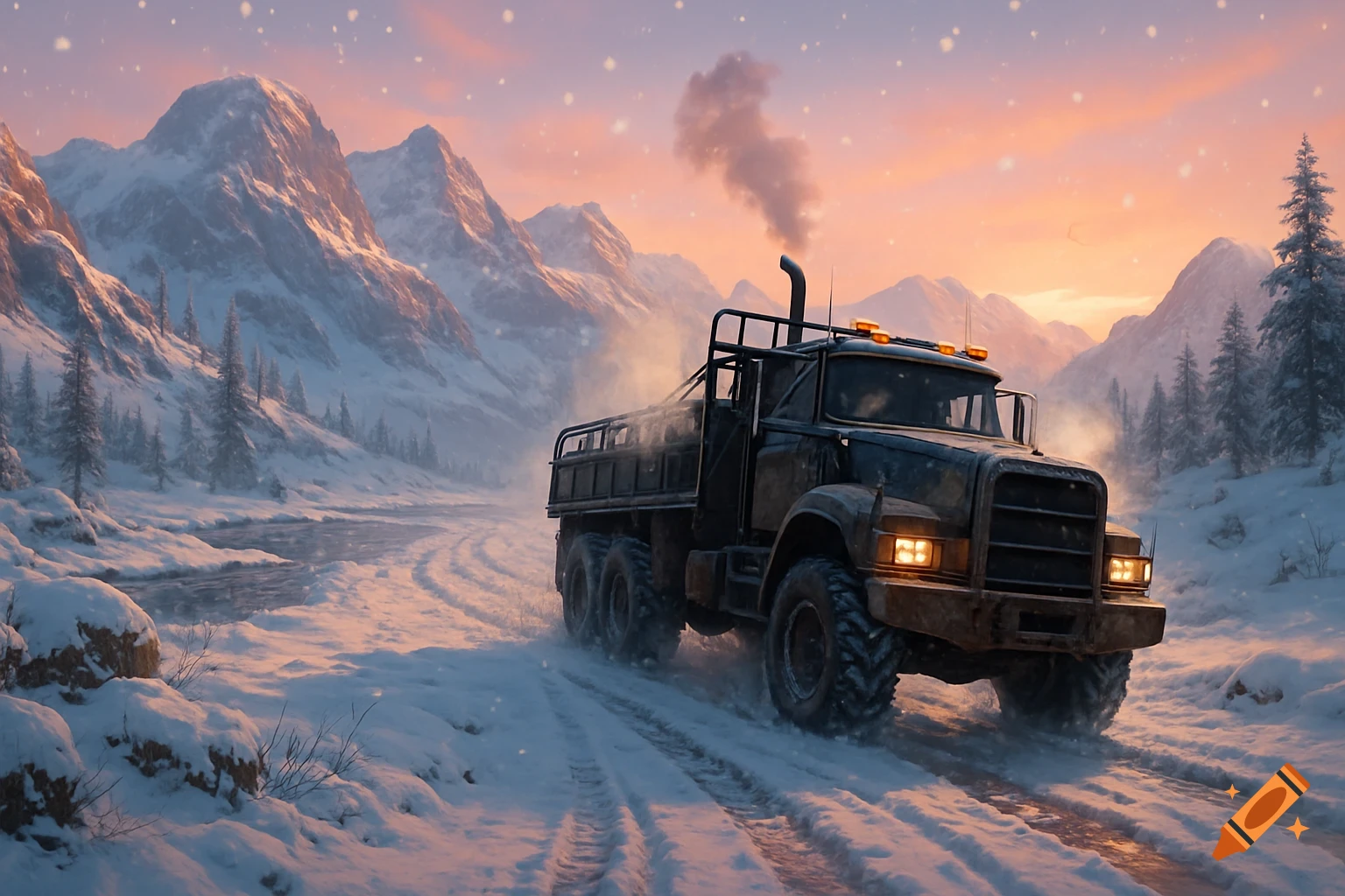 A large, rugged truck drives on a snowy road through a mountainous winter landscape at sunset with falling snow.