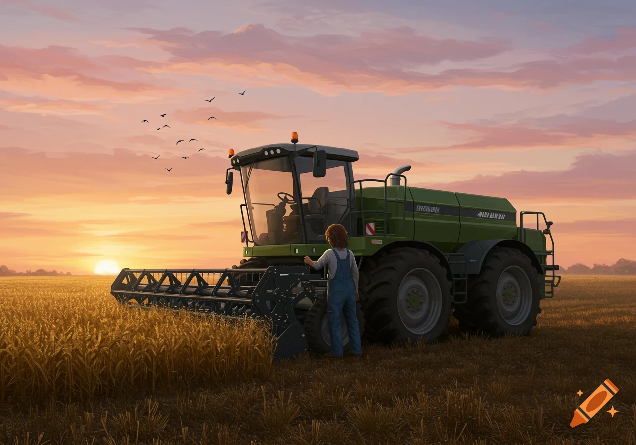 A boy stands by a green combine harvester in a golden wheat field at sunset, birds in sky. Digital art.