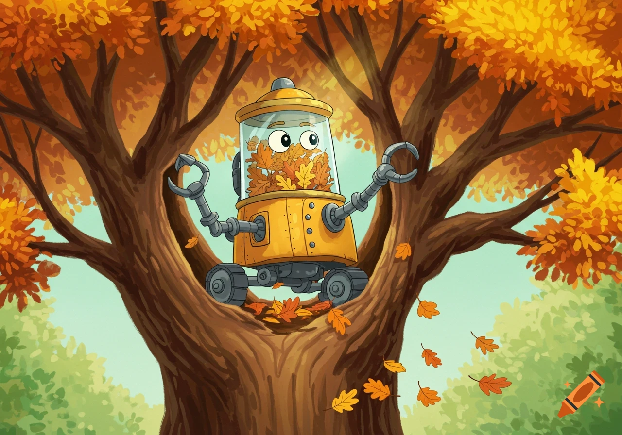 A cartoon robot with a clear chest filled with autumn leaves, sitting in the trunk of a large tree with orange foliage.