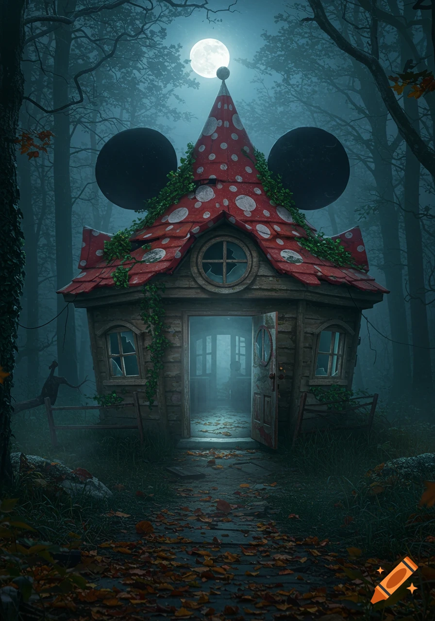 A spooky, abandoned clubhouse with a red mushroom-shaped roof and large black ears in a misty forest under a full moon.