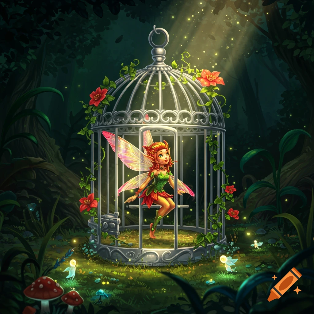 A vibrant, cartoon-style pixie with glowing wings sits inside a decorated birdcage in a magical, firefly-lit forest.