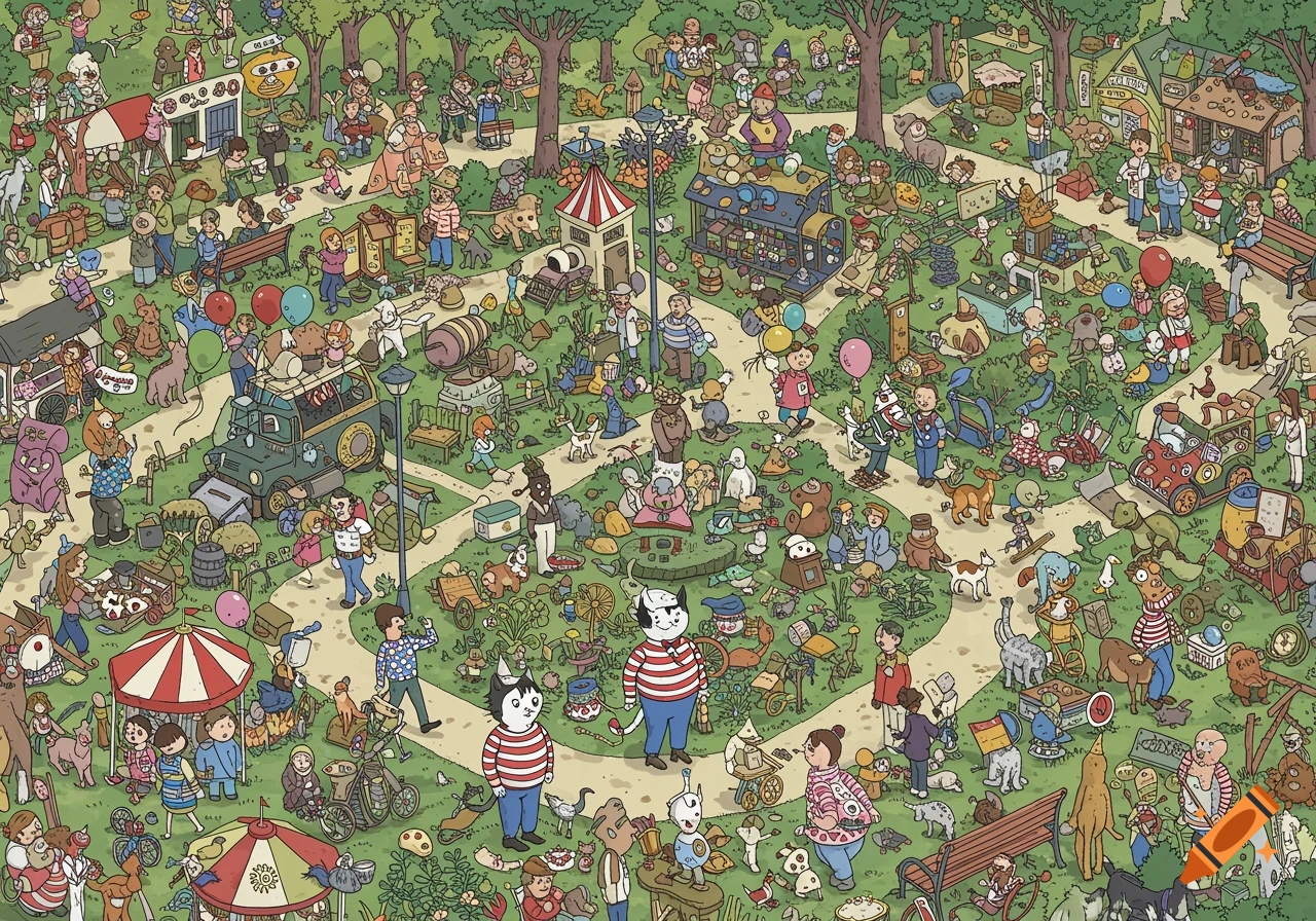 A highly detailed, colorful cartoon illustration of a bustling park scene, similar to Where's Wally, filled with quirky people, animals, and objects.