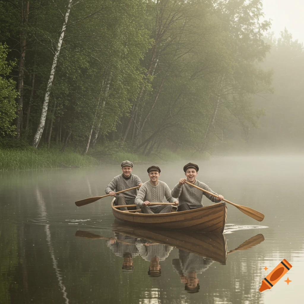 Three men in vintage attire paddle a canoe on a misty lake with a forest in the background, appearing photorealistic.