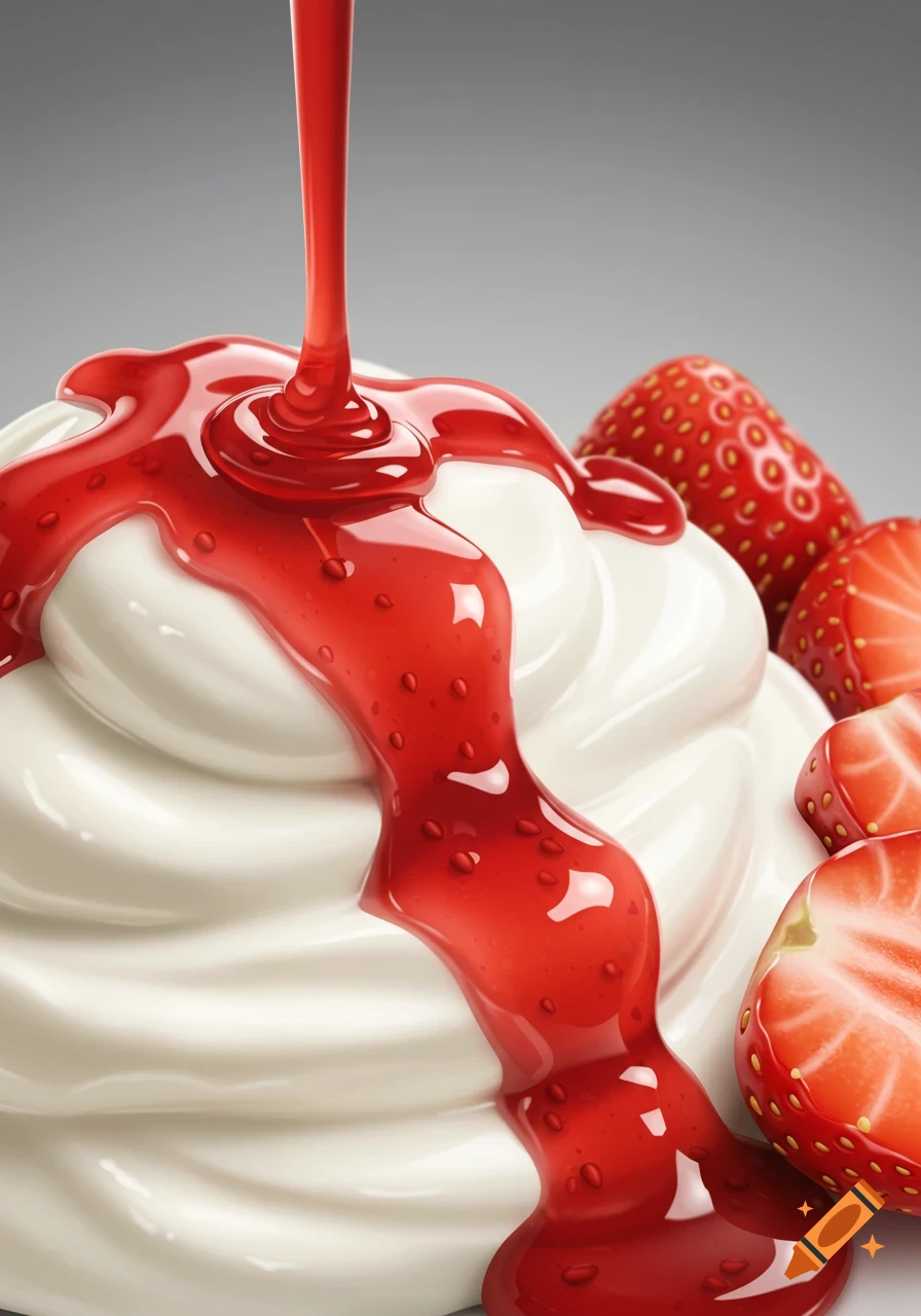 Photorealistic image of creamy white swirl topped with red strawberry syrup and fresh strawberries.