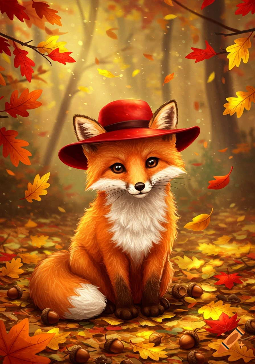 A cute fox with a red hat sitting among colorful autumn leaves and acorns in a forest.
