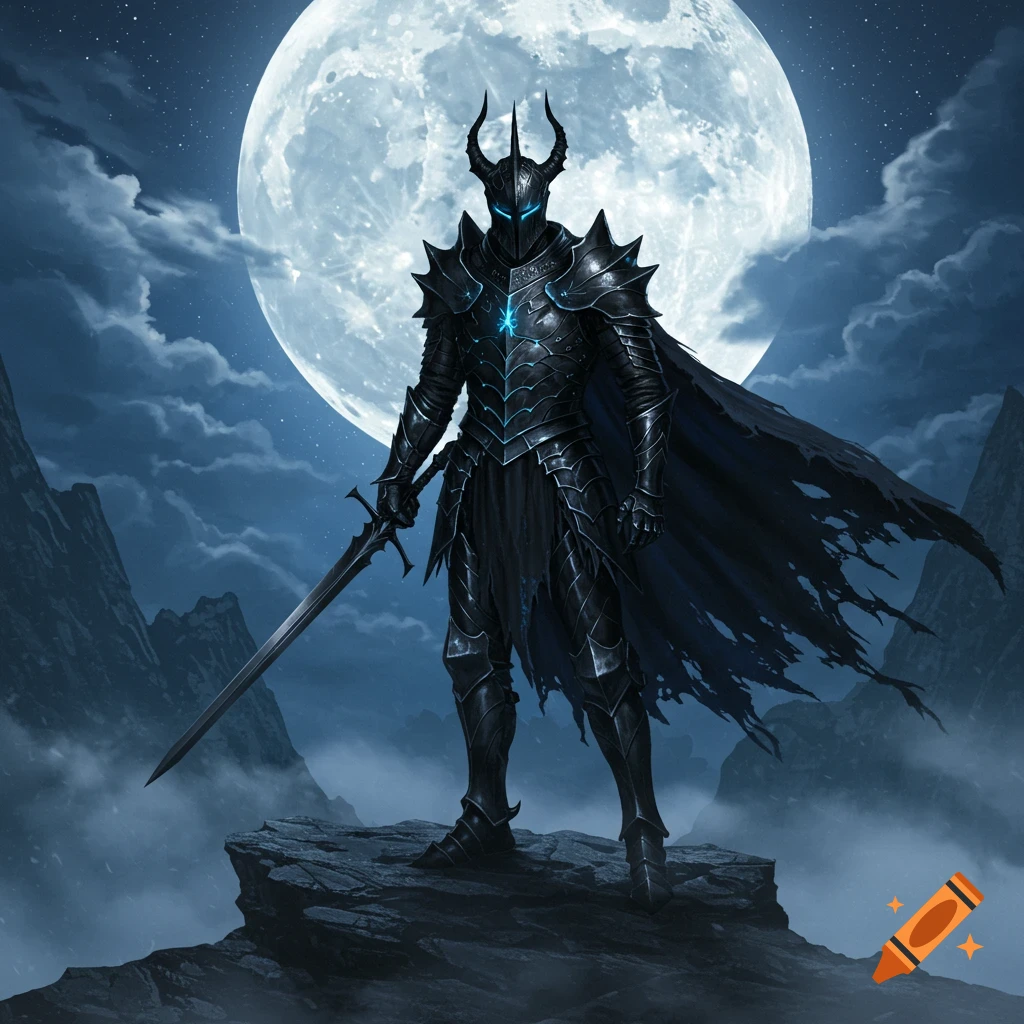 A dark armored knight with horned helmet and glowing blue accents stands on a rocky cliff, holding a sword against a large, bright full moon and cloudy night sky.