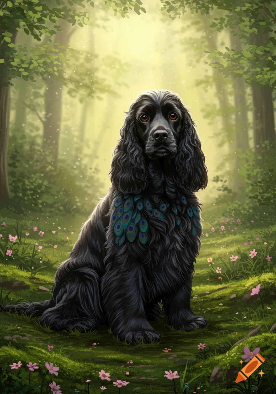 A black cocker spaniel with peacock-like feathers around its neck sits in a vibrant, sunlit forest with pink flowers.