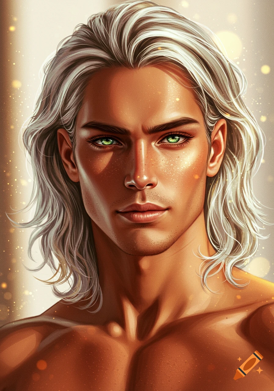Digital painting portrait of a young man with long wavy platinum blond hair, green eyes, and tanned skin, with a light bokeh background.