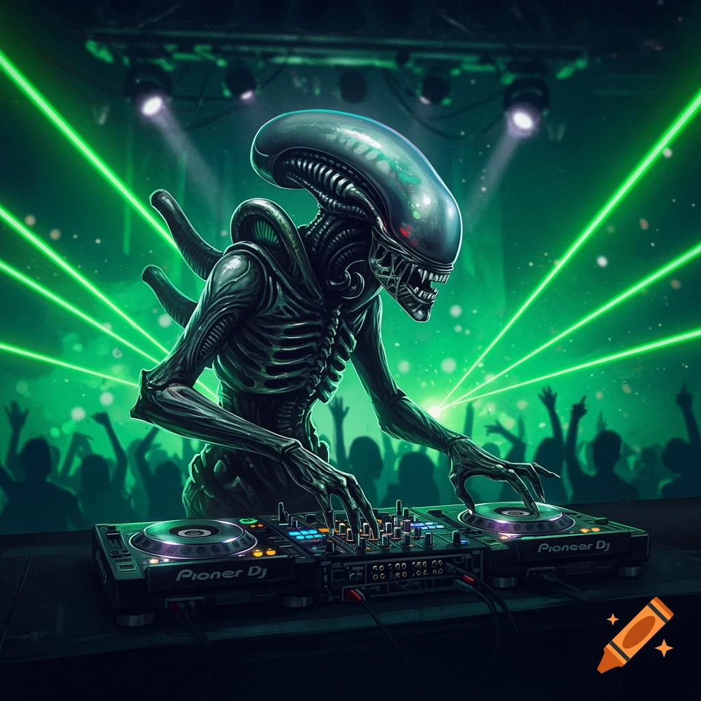An alien (Xenomorph) from the Alien movie franchise acts as a DJ in a dark club, illuminated by green laser lights, with a crowd silhouetted in the background.