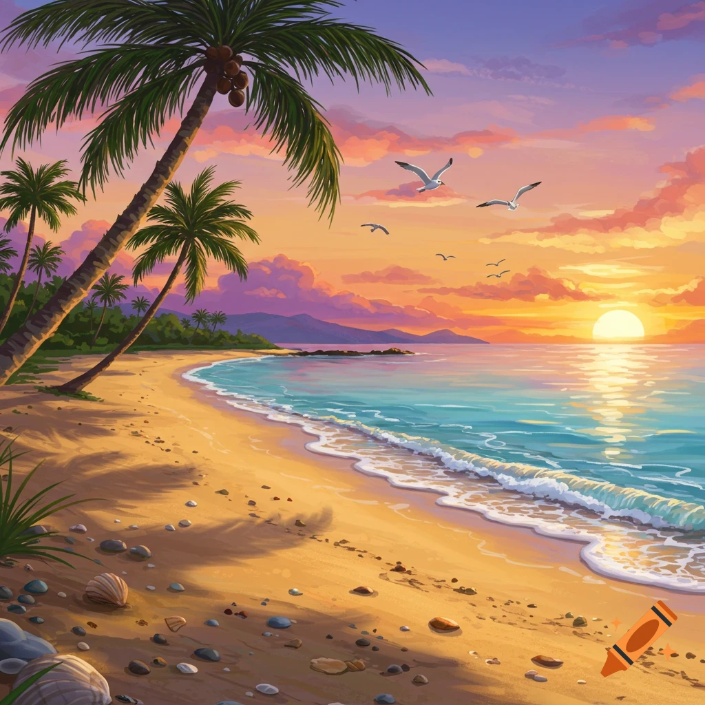 A vibrant tropical beach at sunset with palm trees, ocean waves, and seagulls flying in a colorful sky.